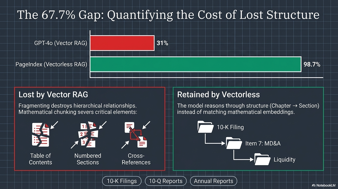 FinanceBench benchmark results — 98.7% for Vectorless RAG vs 31% for Vector RAG with GPT-4o