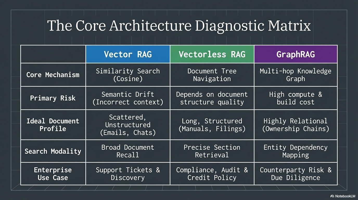 Diagnostic matrix comparing Vector RAG, Vectorless RAG, and GraphRAG across mechanism, risk, ideal documents, search modality, and enterprise use case